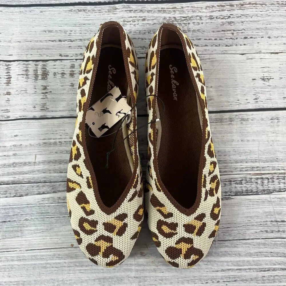 See Havan Loafers Flats Shoes sz 6.5 Brown Gold Cheetah Leopard Stretch Comfort